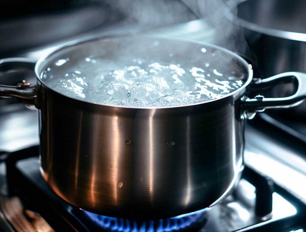 boiling water in a stainless steel pot